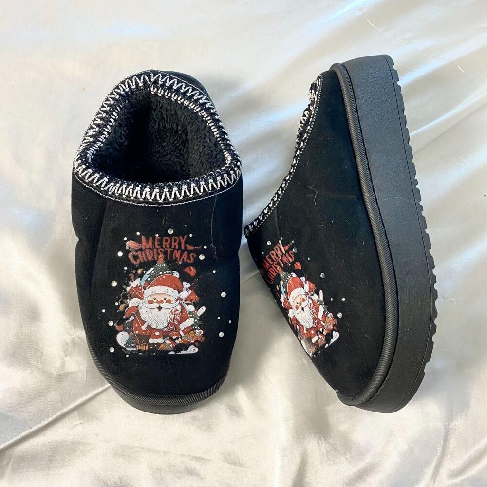 NEW Chunky Platform Rhinestone Santa Merry Christmas Holiday Slippers US 8 / 9